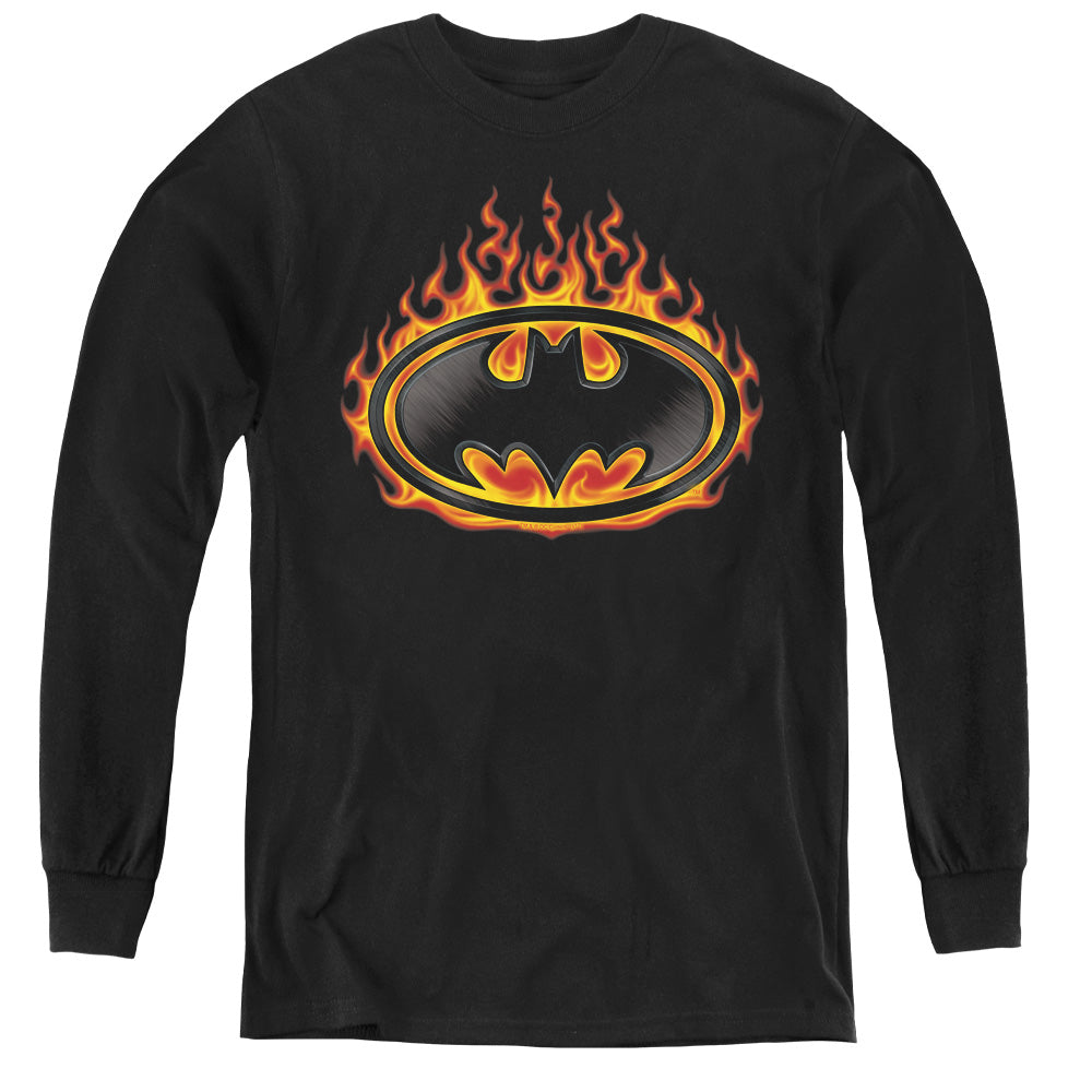 AN OFFCIALLY LICENSED BATMAN BAT FLAMES SHIELD YOUTH LONG SLEEVE T-SHIRT BLACK