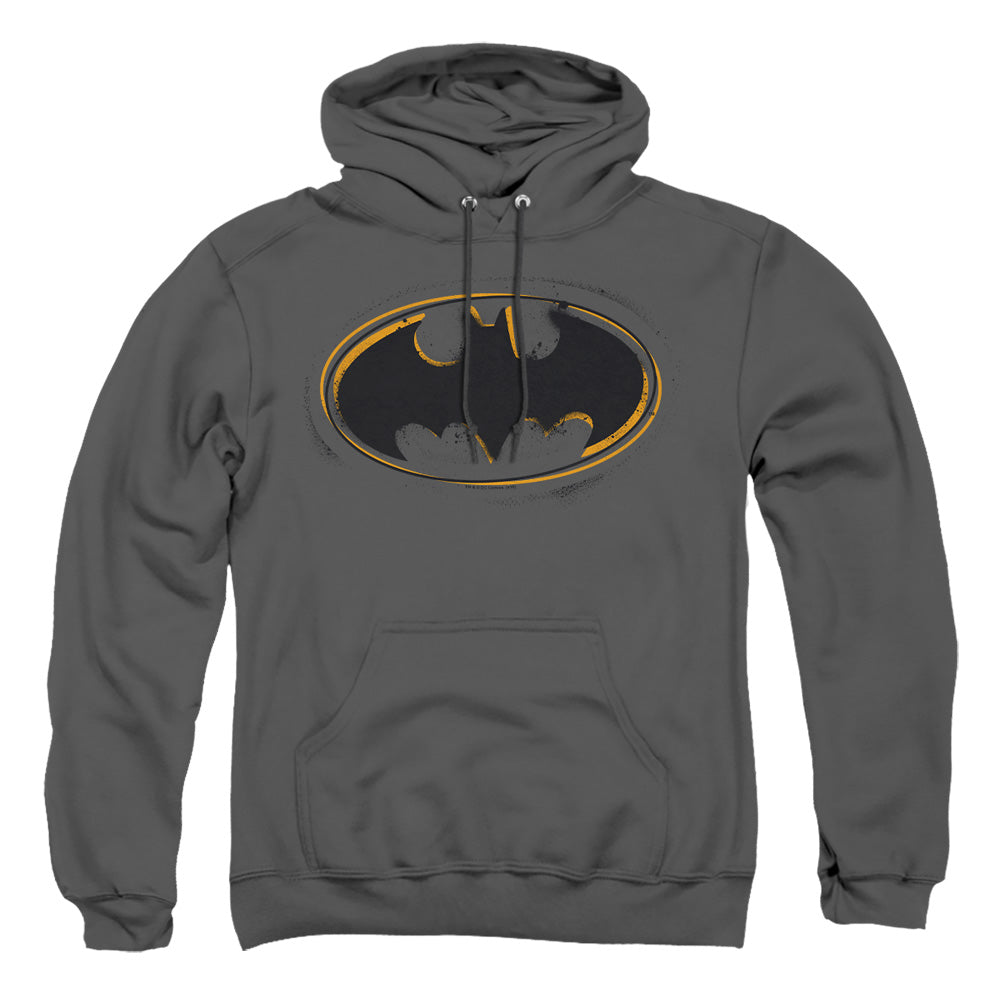AN OFFCIALLY LICENSED BATMAN SPRAY PAINT LOGO ADULT UNISEX PULLOVER HOODIE CHARCOAL