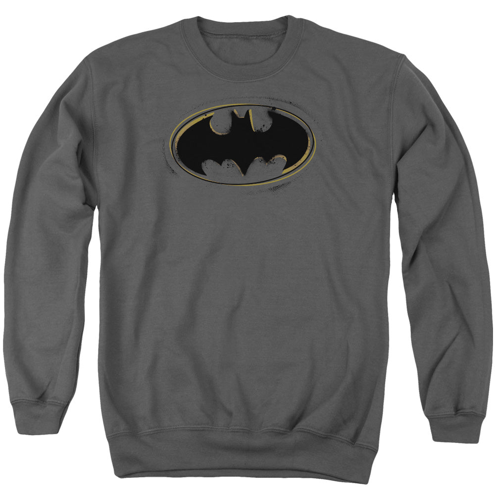 AN OFFCIALLY LICENSED BATMAN SPRAY PAINT LOGO ADULT UNISEX CREWNECK SWEATSHIRT CHARCOAL