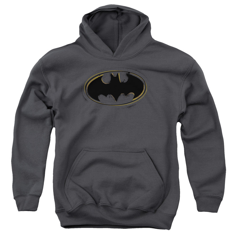 AN OFFCIALLY LICENSED BATMAN SPRAY PAINT LOGO YOUTH HOODIE CHARCOAL