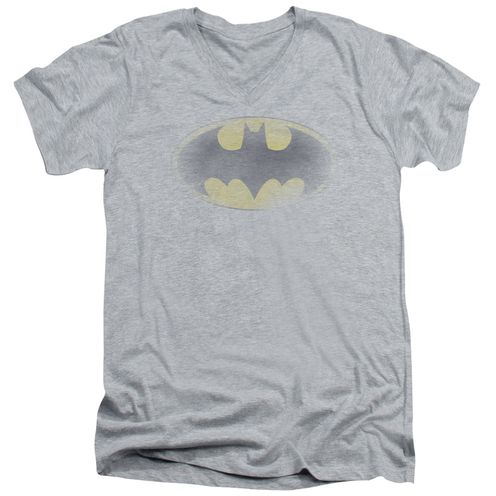 AN OFFCIALLY LICENSED BATMAN FADED LOGO MEN'S V-NECK T-SHIRT ATHLETIC HEATHER