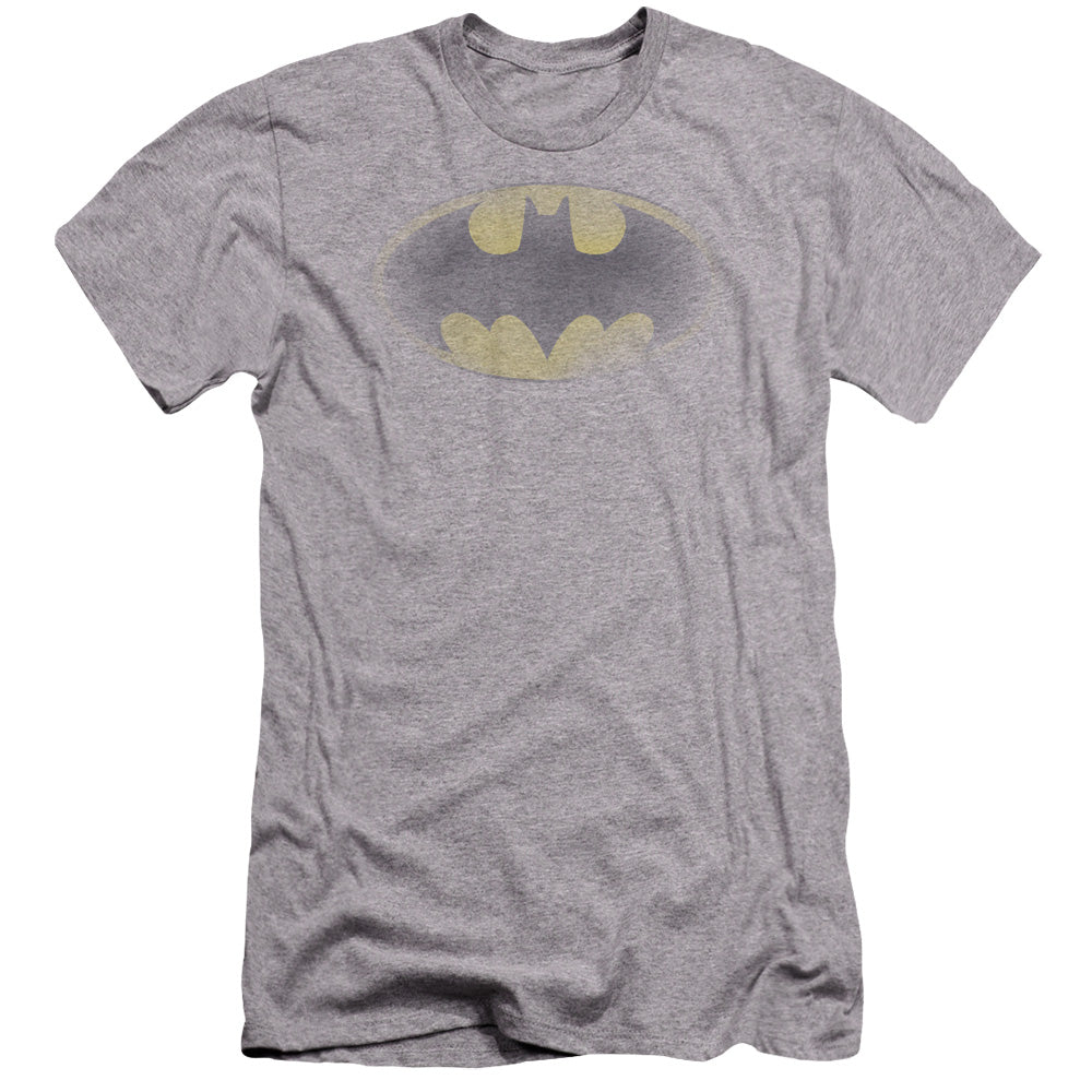 AN OFFCIALLY LICENSED BATMAN FADED LOGO MEN'S PREMIUM SLIM FIT T-SHIRT ATHLETIC HEATHER