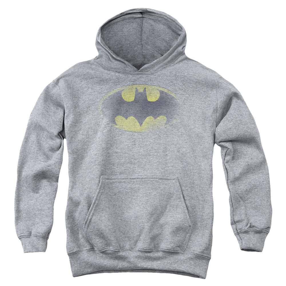 AN OFFCIALLY LICENSED BATMAN FADED LOGO YOUTH HOODIE ATHLETIC HEATHER