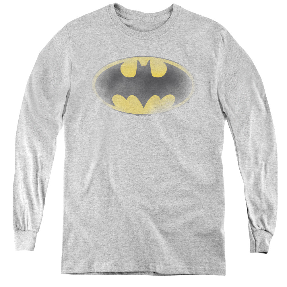 AN OFFCIALLY LICENSED BATMAN FADED LOGO YOUTH LONG SLEEVE T-SHIRT ATHLETIC HEATHER
