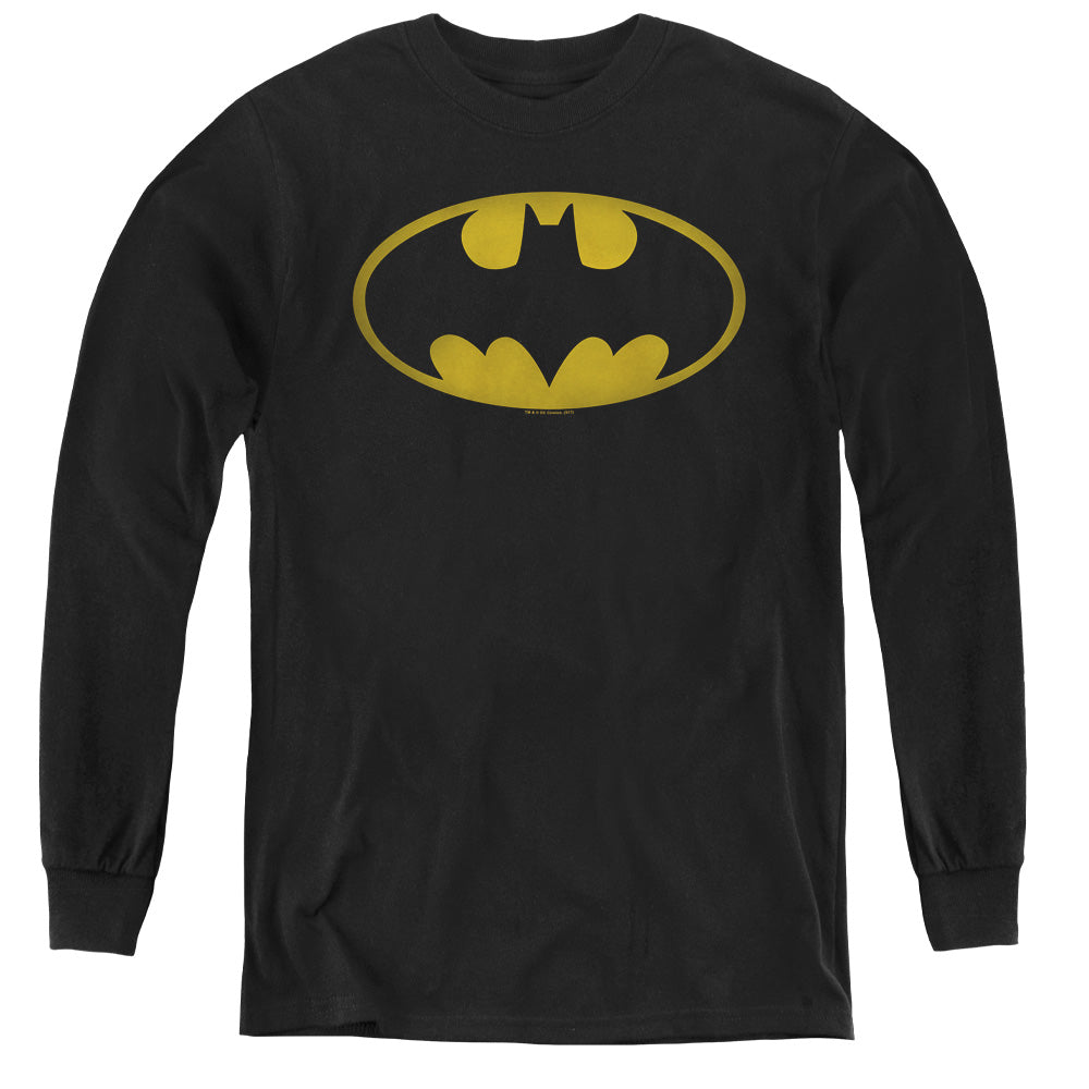 AN OFFCIALLY LICENSED BATMAN WASHED BAT LOGO YOUTH LONG SLEEVE T-SHIRT BLACK