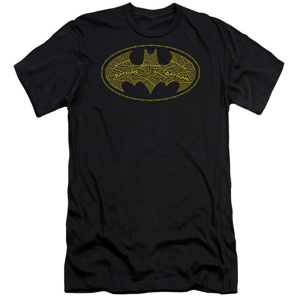 AN OFFCIALLY LICENSED BATMAN TYPE LOGO MEN'S PREMIUM SLIM FIT T-SHIRT BLACK