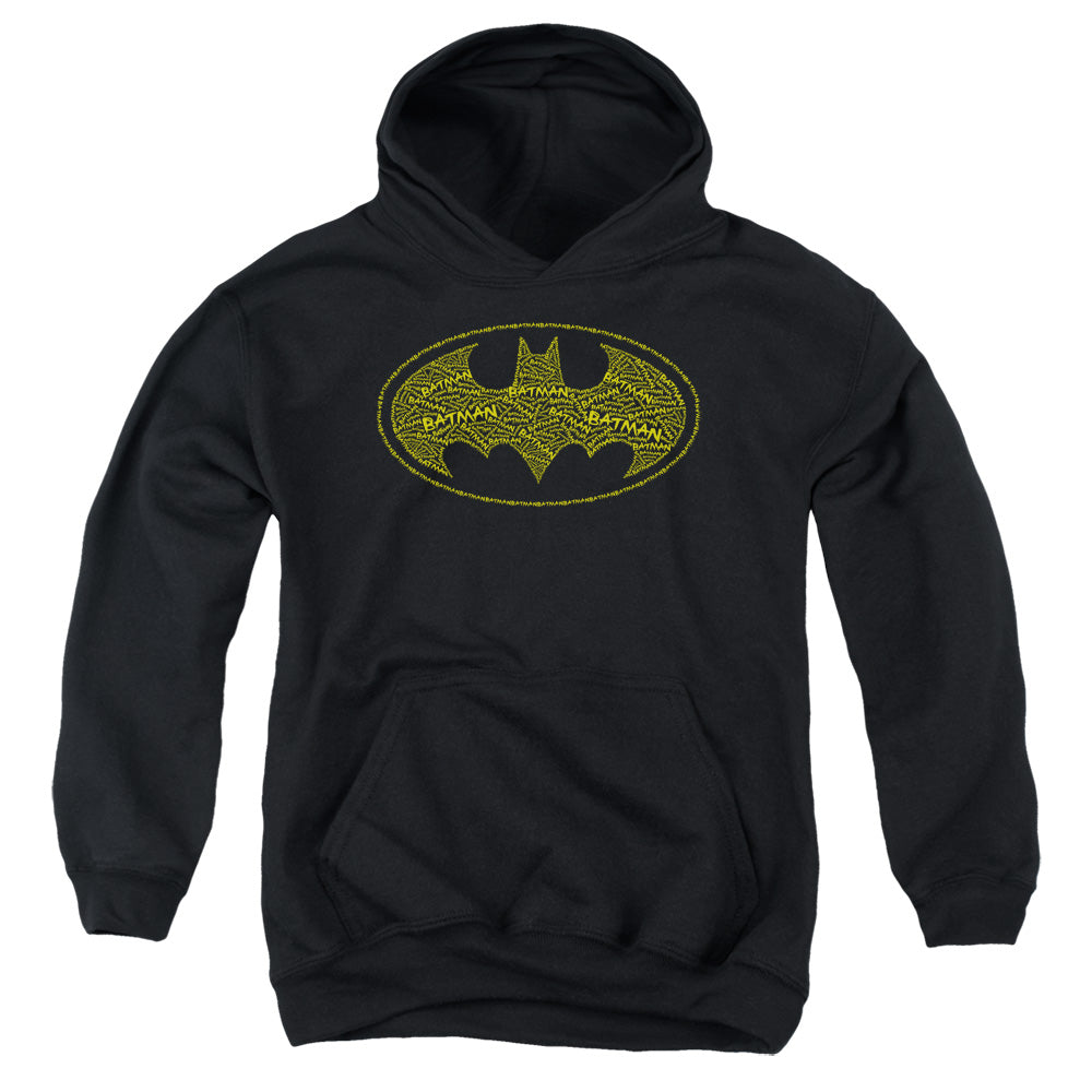 AN OFFCIALLY LICENSED BATMAN TYPE LOGO YOUTH HOODIE BLACK