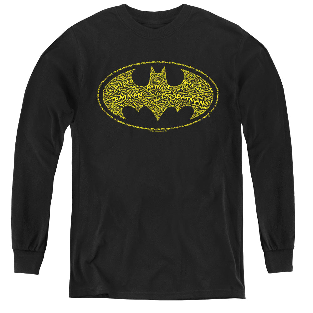 AN OFFCIALLY LICENSED BATMAN TYPE LOGO YOUTH LONG SLEEVE T-SHIRT BLACK