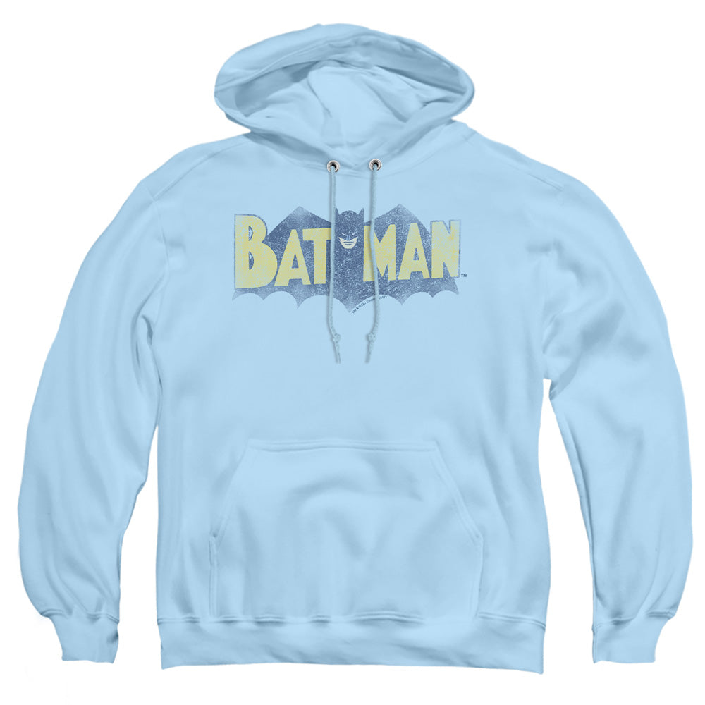 AN OFFCIALLY LICENSED BATMAN VINTAGE LOGO ADULT UNISEX PULLOVER HOODIE LIGHT BLUE