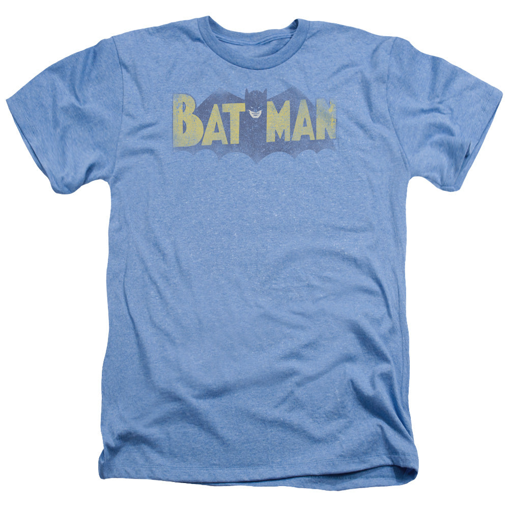 AN OFFCIALLY LICENSED BATMAN VINTAGE LOGO MEN'S HEATHER T-SHIRT LIGHT BLUE