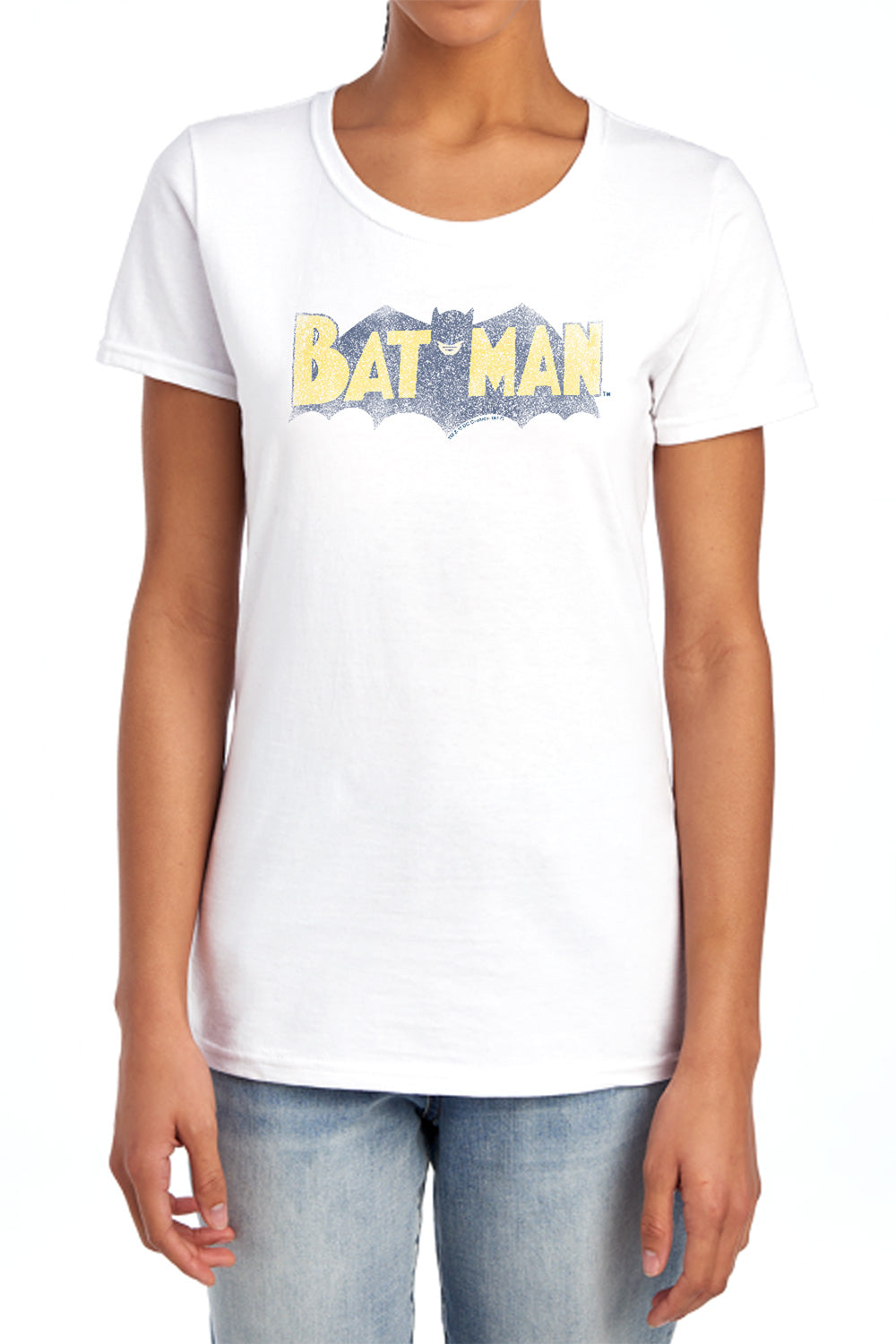 AN OFFCIALLY LICENSED BATMAN VINTAGE LOGO WOMEN'S REGULAR FIT T-SHIRT LIGHT BLUE