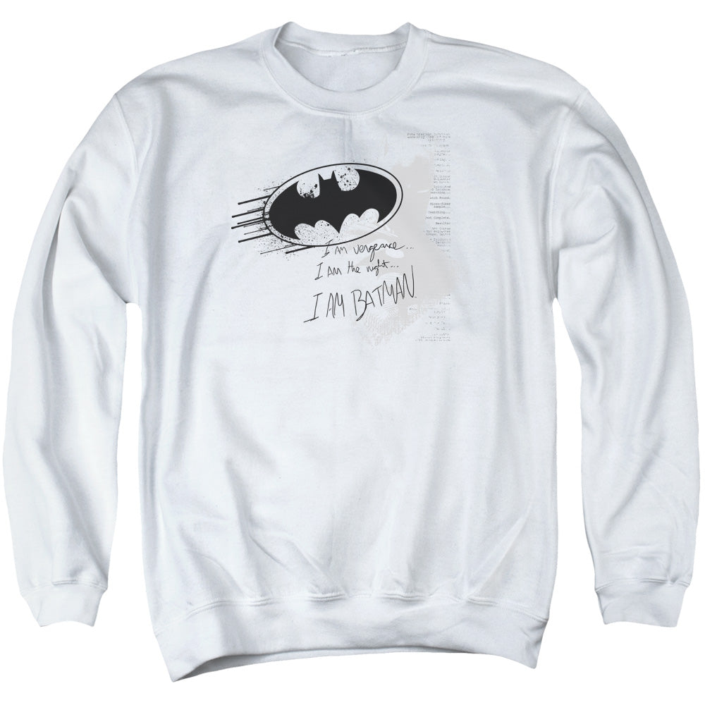 AN OFFCIALLY LICENSED BATMAN I AM VENGEANCE ADULT UNISEX CREWNECK SWEATSHIRT WHITE