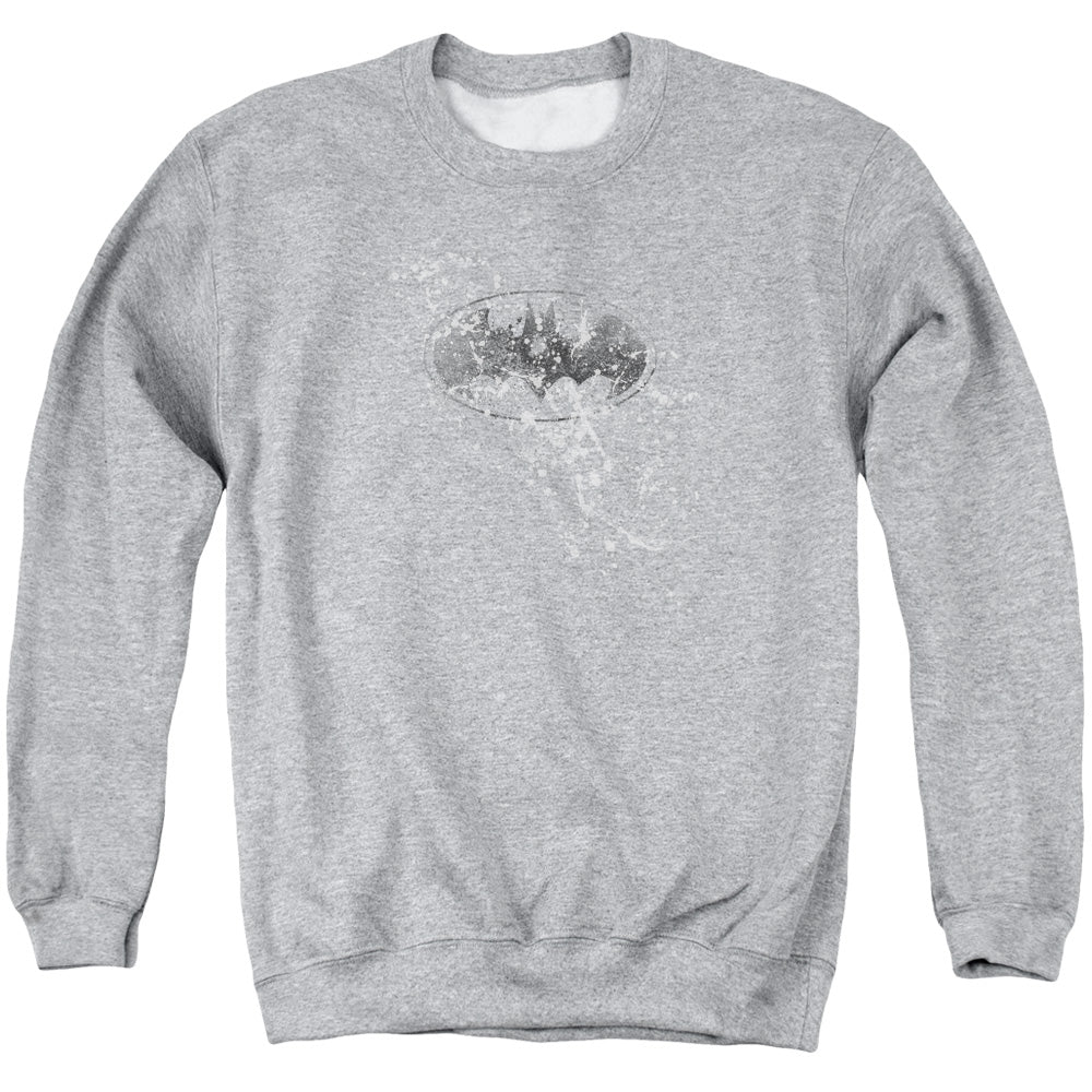 AN OFFCIALLY LICENSED BATMAN BURNED & SPLATTERED ADULT UNISEX CREWNECK SWEATSHIRT ATHLETIC HEATHER