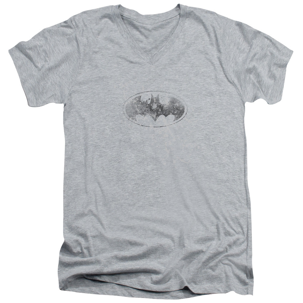 AN OFFCIALLY LICENSED BATMAN BURNED & SPLATTERED MEN'S V-NECK T-SHIRT ATHLETIC HEATHER