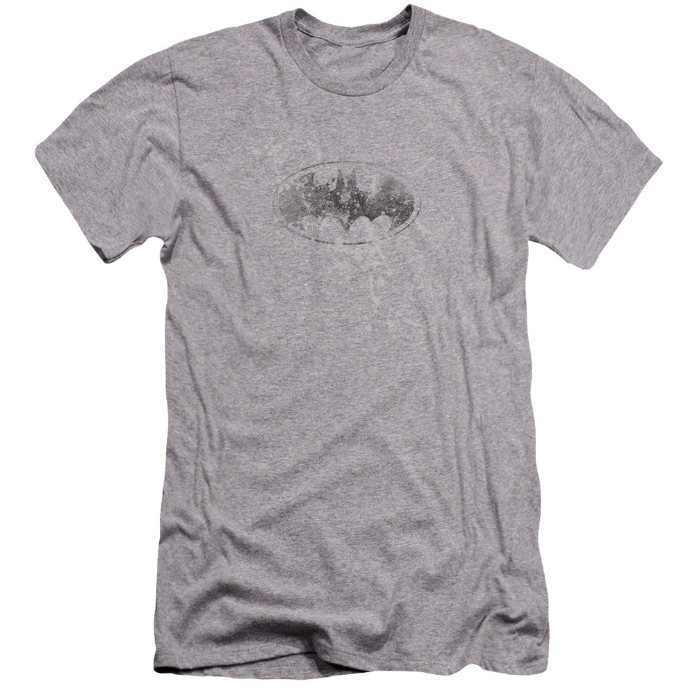 AN OFFCIALLY LICENSED BATMAN BURNED & SPLATTERED MEN'S PREMIUM SLIM FIT T-SHIRT ATHLETIC HEATHER