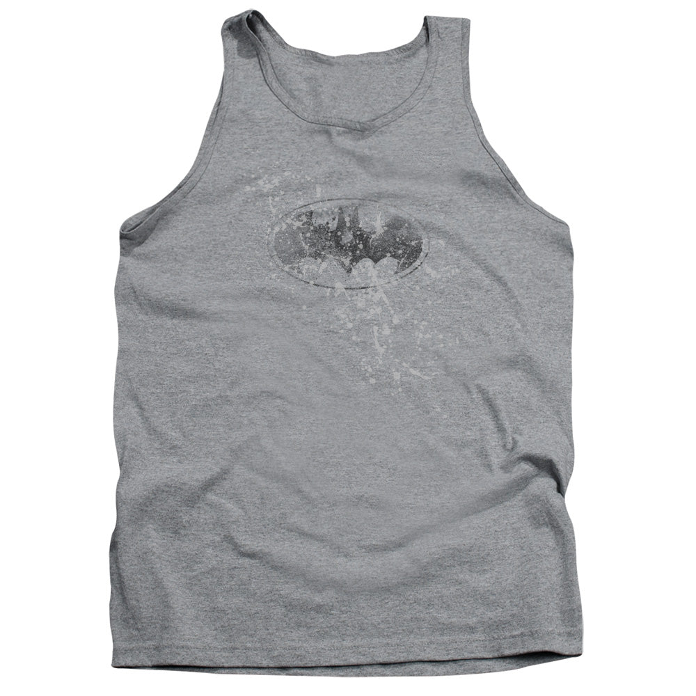 AN OFFCIALLY LICENSED BATMAN BURNED & SPLATTERED ADULT UNISEX TANK TOP ATHLETIC HEATHER