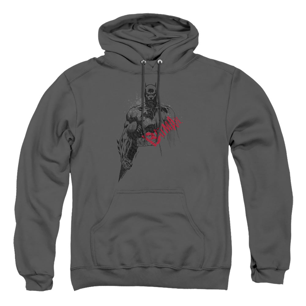 AN OFFCIALLY LICENSED BATMAN SKETCH BAT RED LOGO ADULT UNISEX PULLOVER HOODIE CHARCOAL
