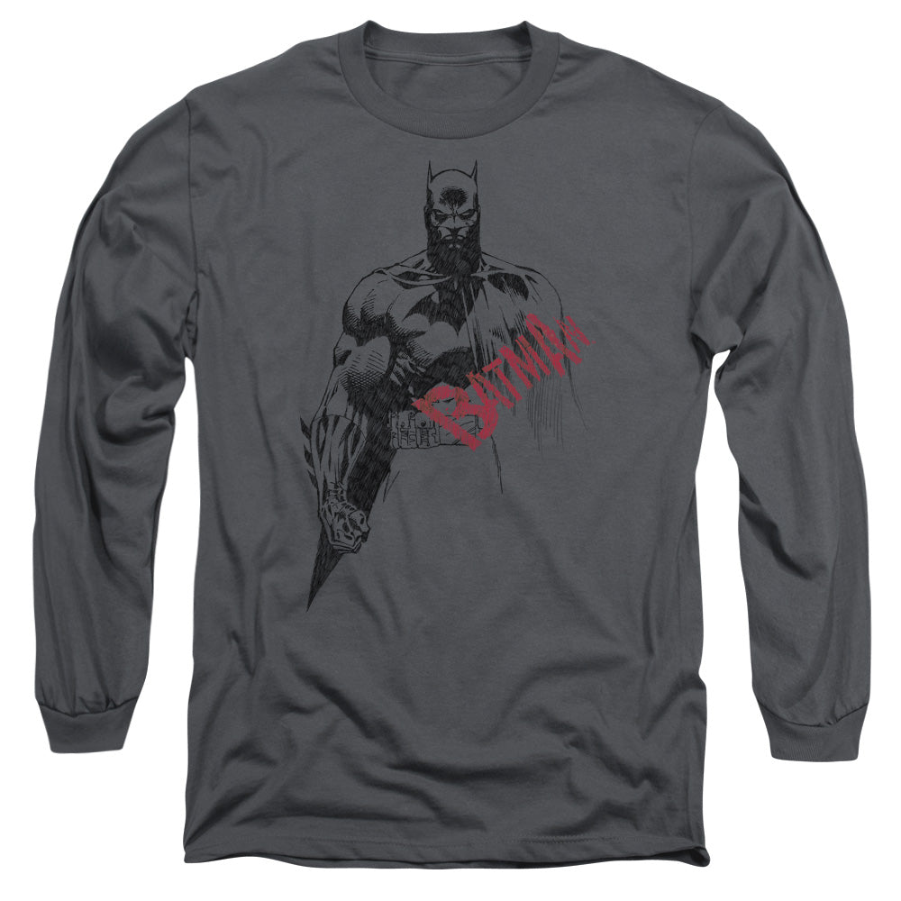 AN OFFCIALLY LICENSED BATMAN SKETCH BAT RED LOGO MEN'S LONG SLEEVE T-SHIRT CHARCOAL