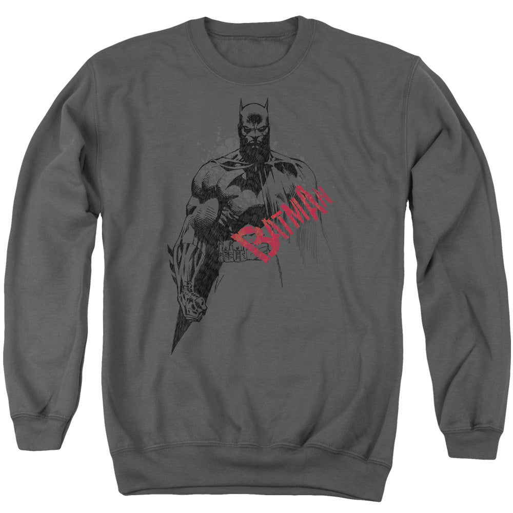 AN OFFCIALLY LICENSED BATMAN SKETCH BAT RED LOGO ADULT UNISEX CREWNECK SWEATSHIRT CHARCOAL