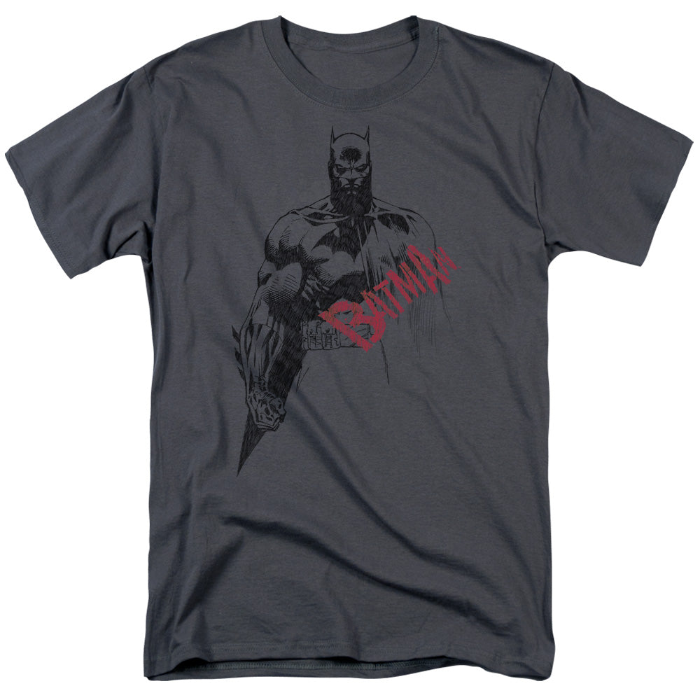 AN OFFCIALLY LICENSED BATMAN SKETCH BAT RED LOGO MEN'S REGULAR FIT T-SHIRT CHARCOAL