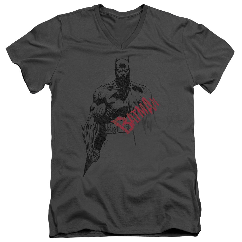 AN OFFCIALLY LICENSED BATMAN SKETCH BAT RED LOGO MEN'S V-NECK T-SHIRT CHARCOAL