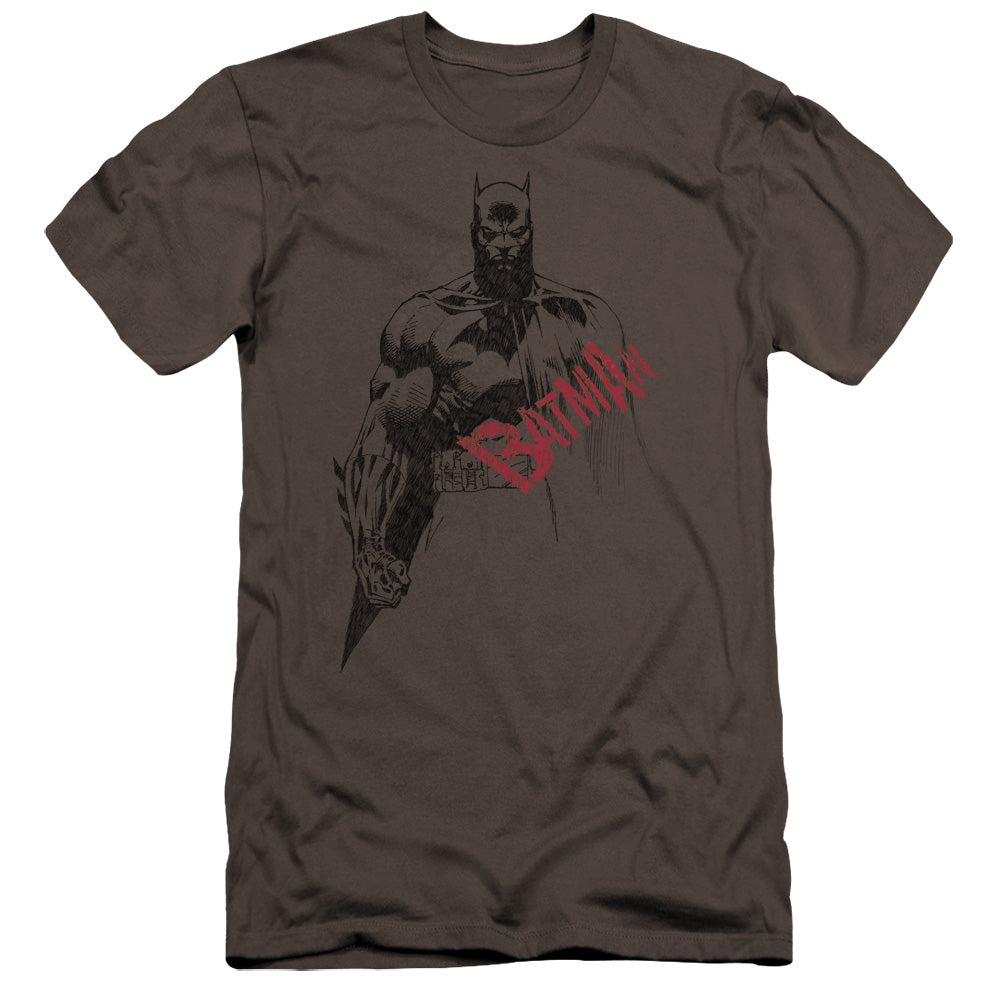 AN OFFCIALLY LICENSED BATMAN SKETCH BAT RED LOGO MEN'S PREMIUM SLIM FIT T-SHIRT CHARCOAL