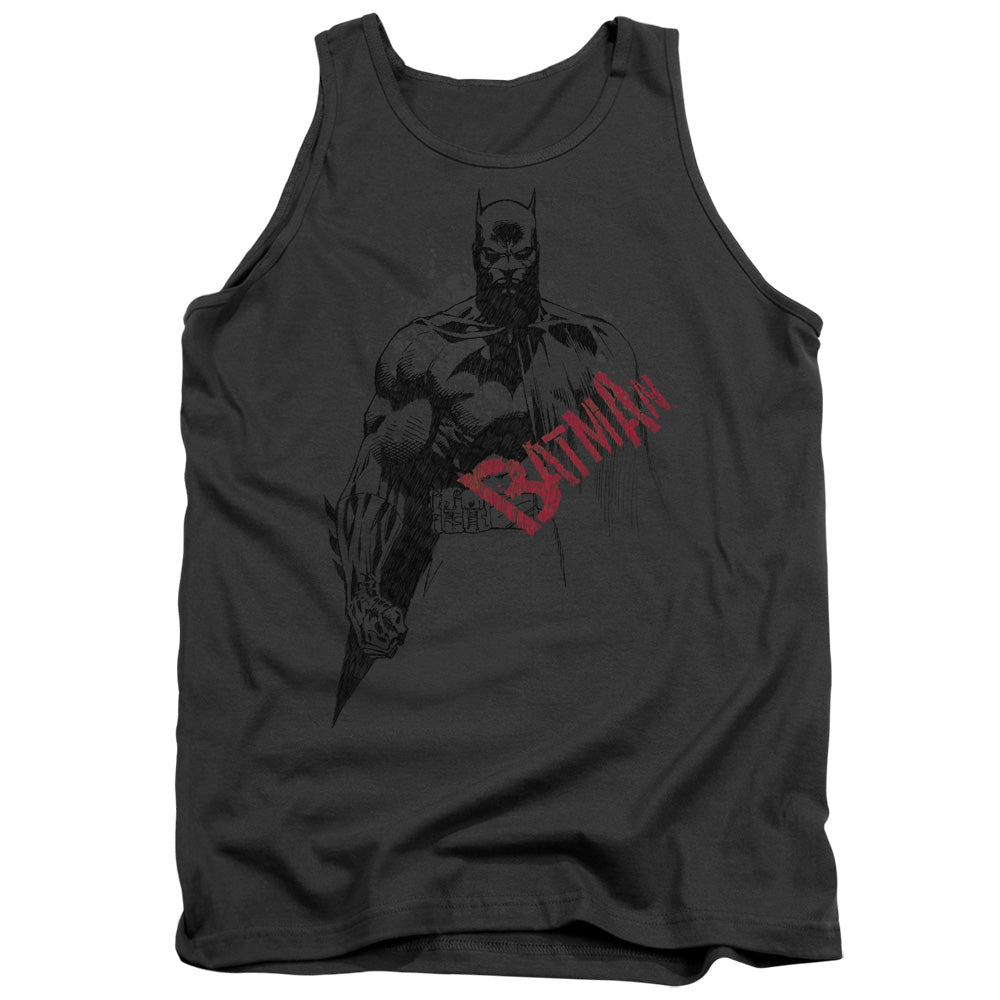 AN OFFCIALLY LICENSED BATMAN SKETCH BAT RED LOGO ADULT UNISEX TANK TOP CHARCOAL