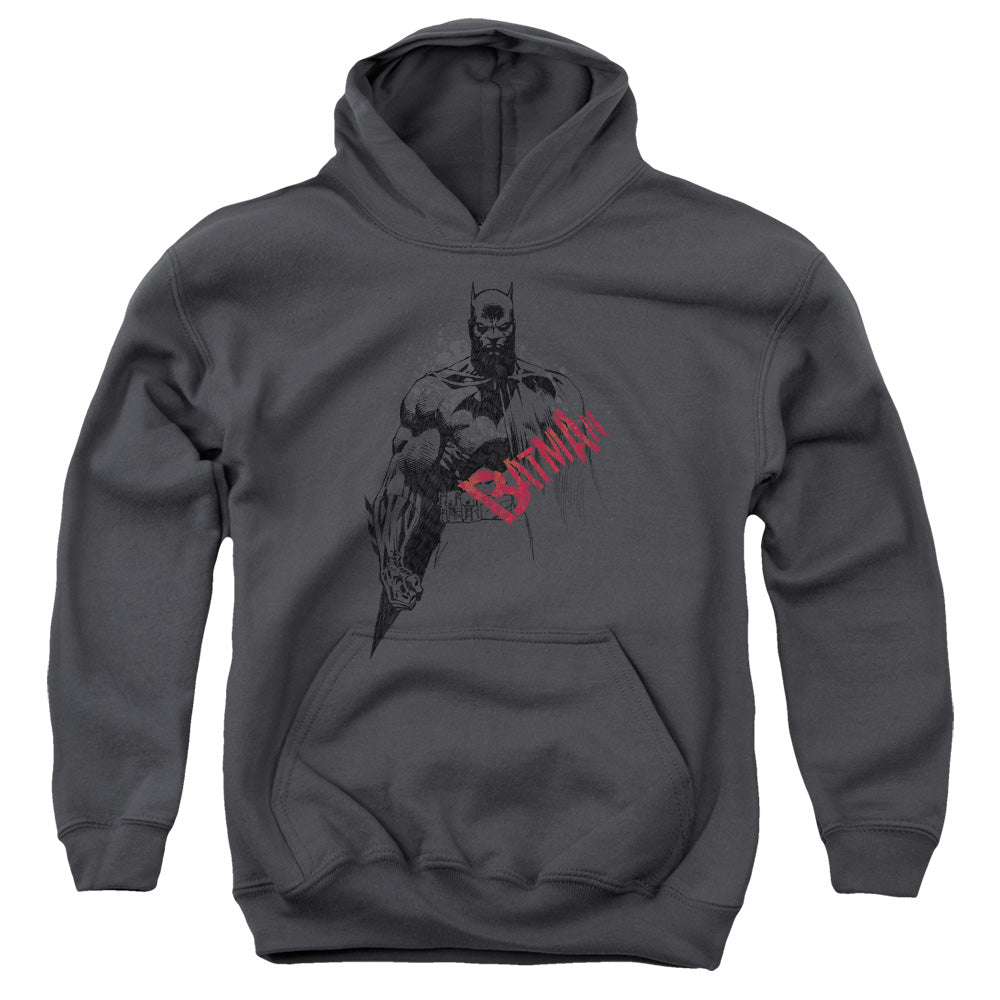 AN OFFCIALLY LICENSED BATMAN SKETCH BAT RED LOGO YOUTH HOODIE CHARCOAL