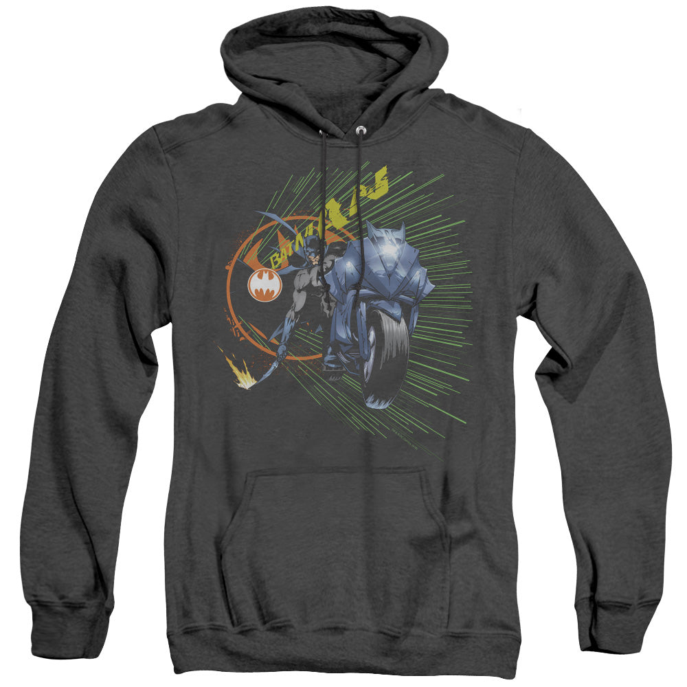 AN OFFCIALLY LICENSED BATMAN BATCYCLE ADULT UNISEX HEATHER PULLOVER HOODIE BLACK