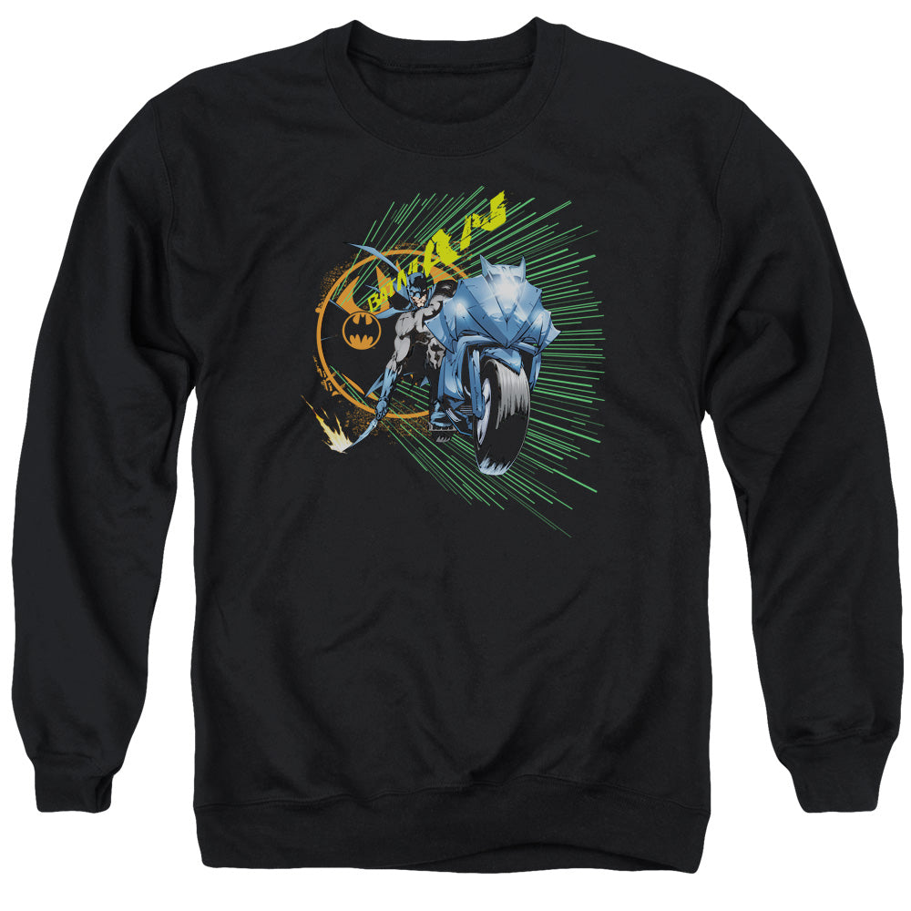 AN OFFCIALLY LICENSED BATMAN BATCYCLE ADULT UNISEX CREWNECK SWEATSHIRT BLACK