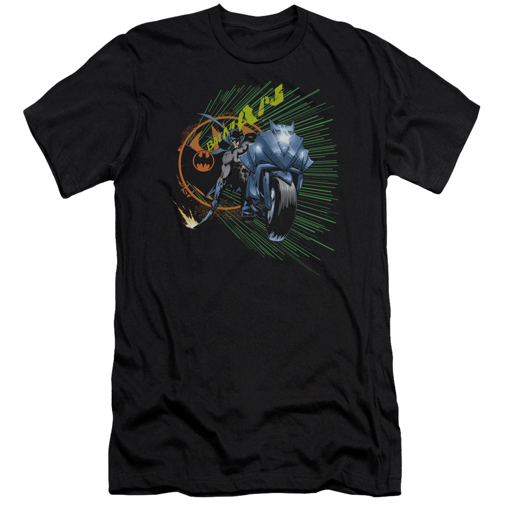 AN OFFCIALLY LICENSED BATMAN BATCYCLE MEN'S PREMIUM SLIM FIT T-SHIRT BLACK