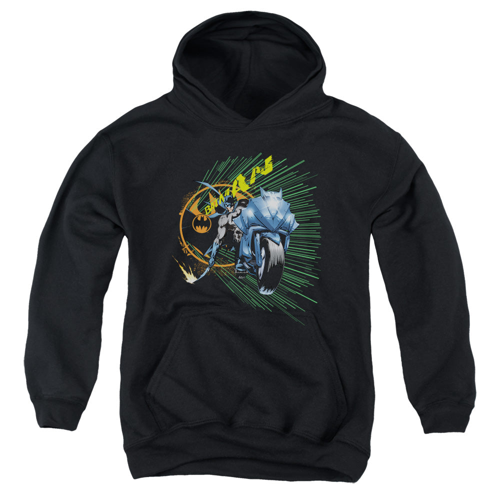 AN OFFCIALLY LICENSED BATMAN BATCYCLE YOUTH HOODIE BLACK