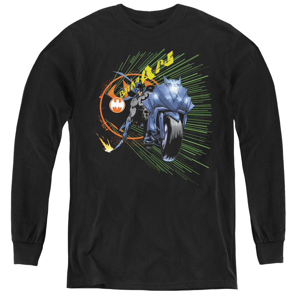 AN OFFCIALLY LICENSED BATMAN BATCYCLE YOUTH LONG SLEEVE T-SHIRT BLACK