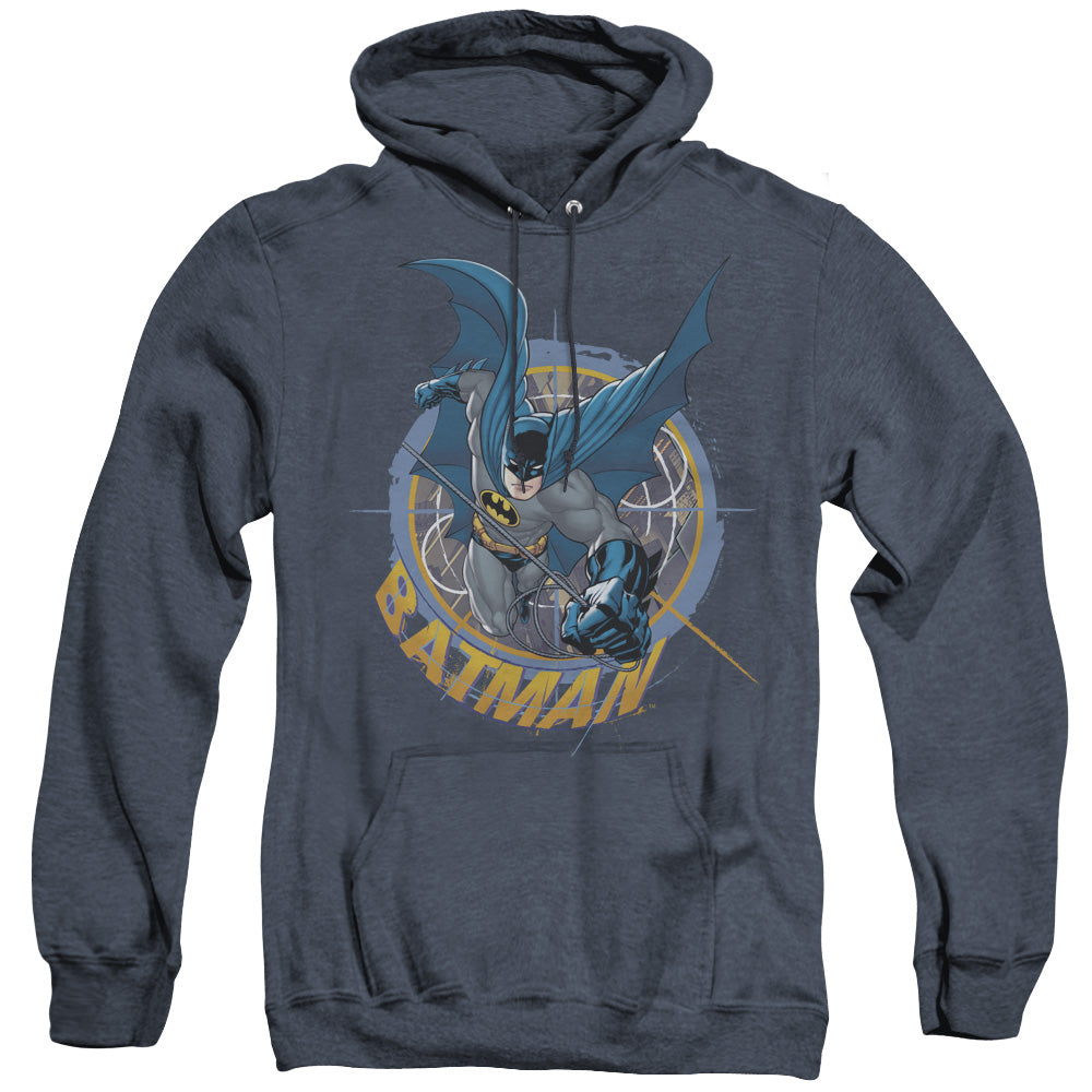 AN OFFCIALLY LICENSED BATMAN IN THE CROSSHAIRS ADULT UNISEX HEATHER PULLOVER HOODIE NAVY