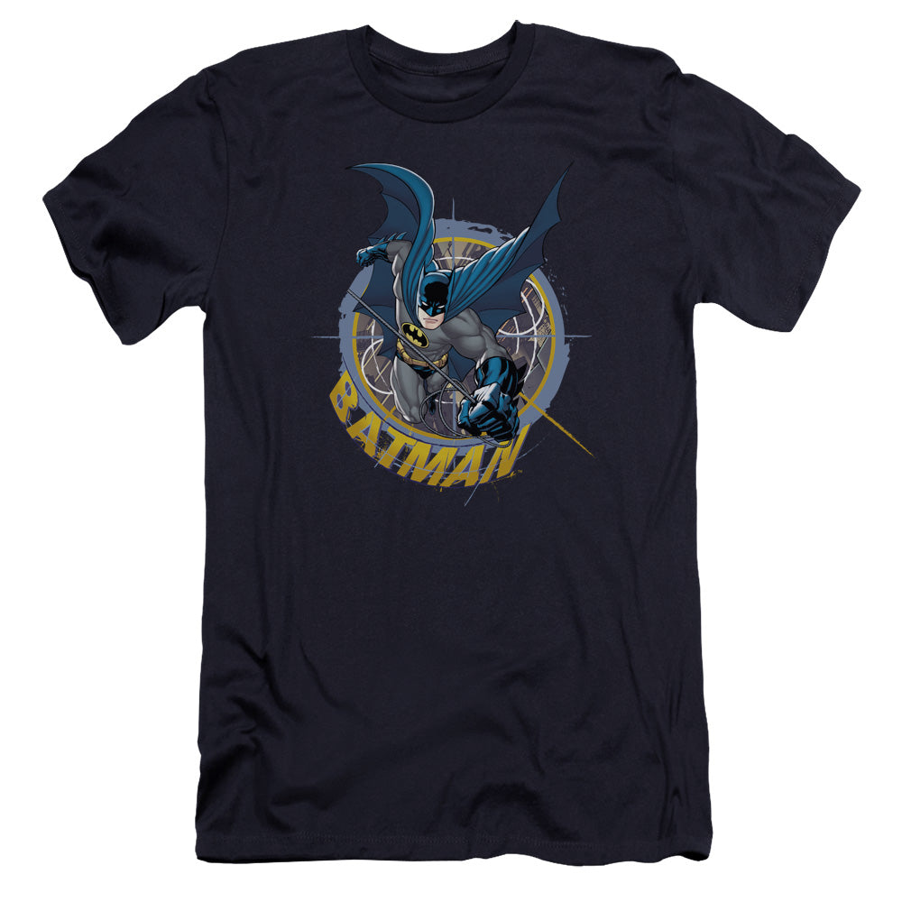 AN OFFCIALLY LICENSED BATMAN IN THE CROSSHAIRS MEN'S PREMIUM SLIM FIT T-SHIRT NAVY