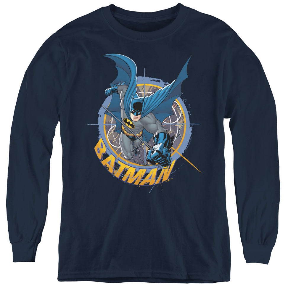 AN OFFCIALLY LICENSED BATMAN IN THE CROSSHAIRS YOUTH LONG SLEEVE T-SHIRT NAVY