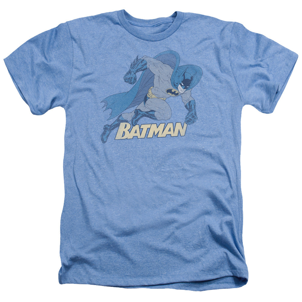 AN OFFCIALLY LICENSED BATMAN RUNNING RETRO MEN'S HEATHER T-SHIRT LIGHT BLUE