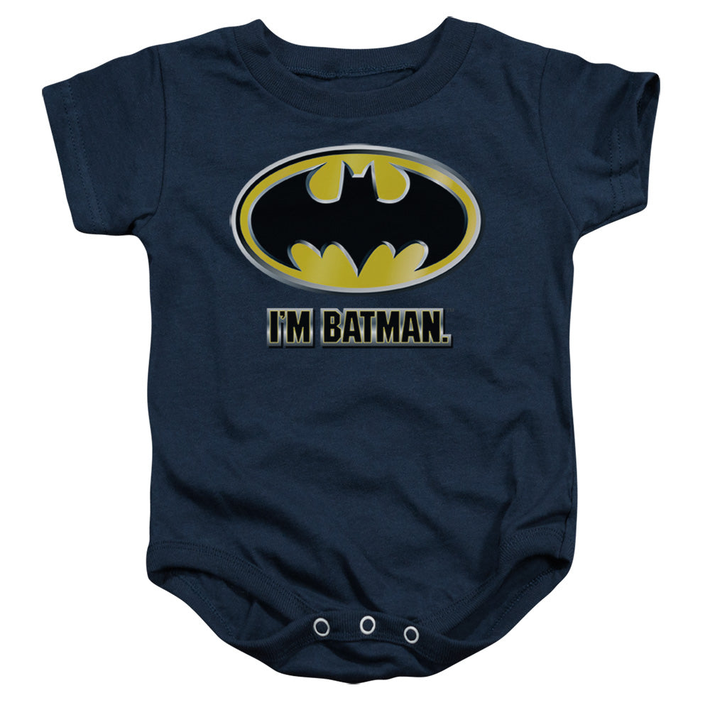 AN OFFCIALLY LICENSED BATMAN IM BATMAN BABY BODYSUIT NAVY