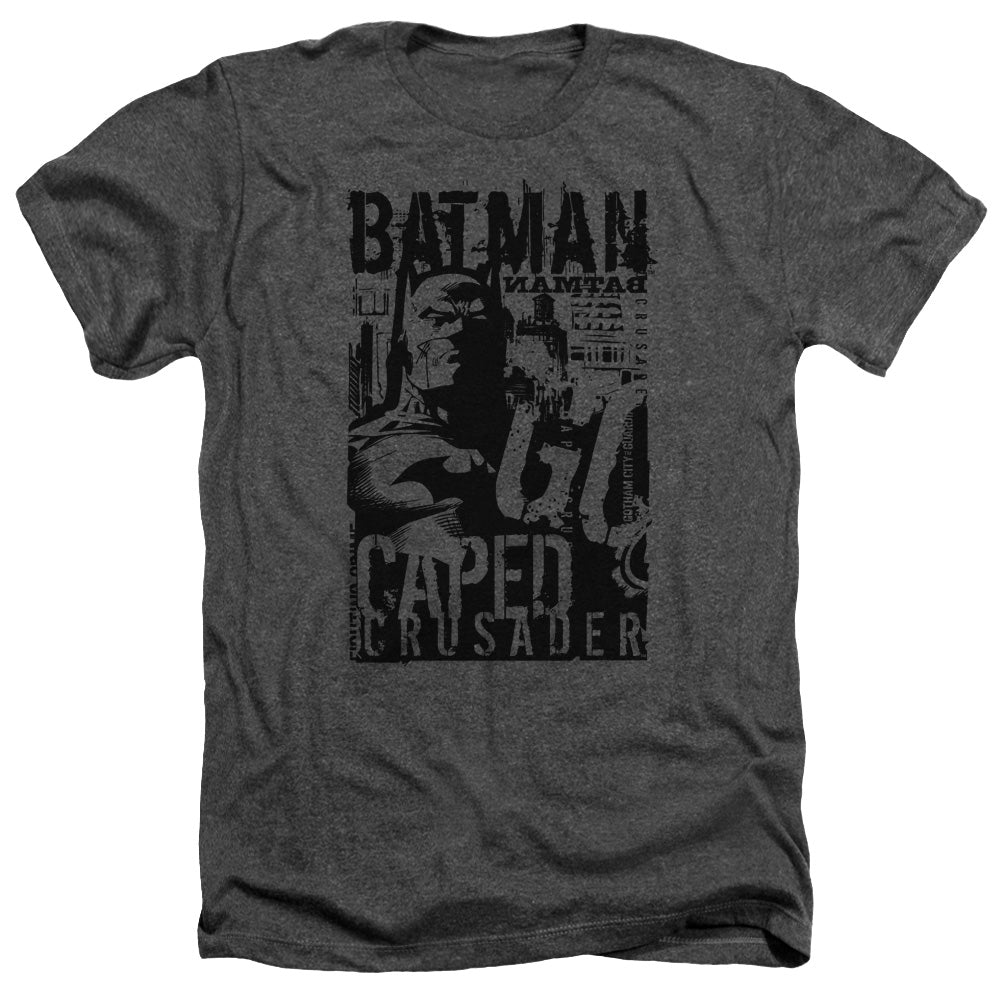 AN OFFCIALLY LICENSED BATMAN CAPED CRUSADER MEN'S HEATHER T-SHIRT CHARCOAL