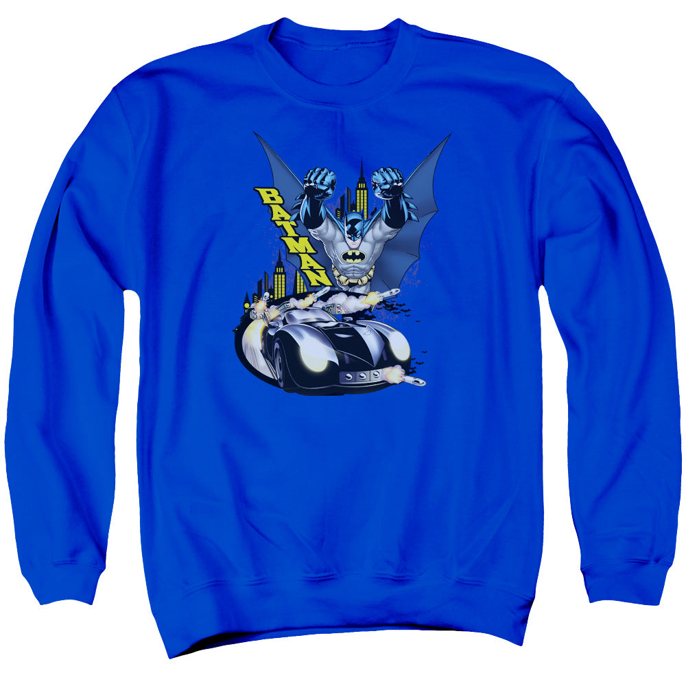 AN OFFCIALLY LICENSED BATMAN BY AIR & BY LAND ADULT UNISEX CREWNECK SWEATSHIRT ROYAL