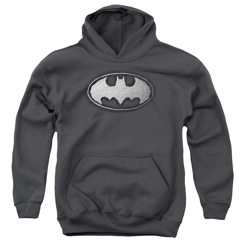 AN OFFCIALLY LICENSED BATMAN DUCT TAPE LOGO YOUTH HOODIE CHARCOAL