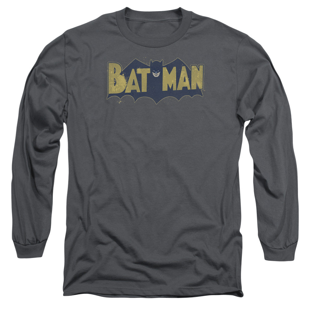 AN OFFCIALLY LICENSED BATMAN VINTAGE LOGO SPLATTER MEN'S LONG SLEEVE T-SHIRT CHARCOAL