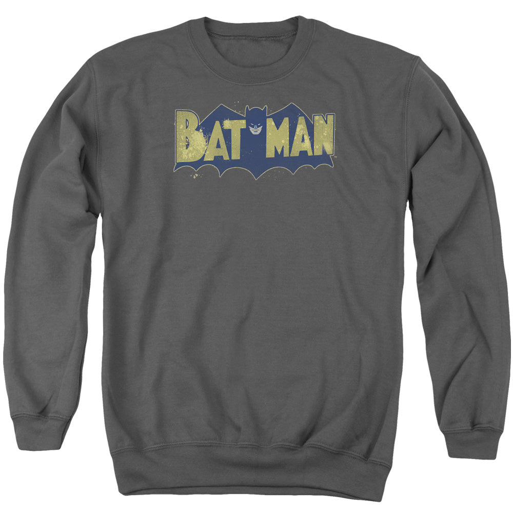 AN OFFCIALLY LICENSED BATMAN VINTAGE LOGO SPLATTER ADULT UNISEX CREWNECK SWEATSHIRT CHARCOAL