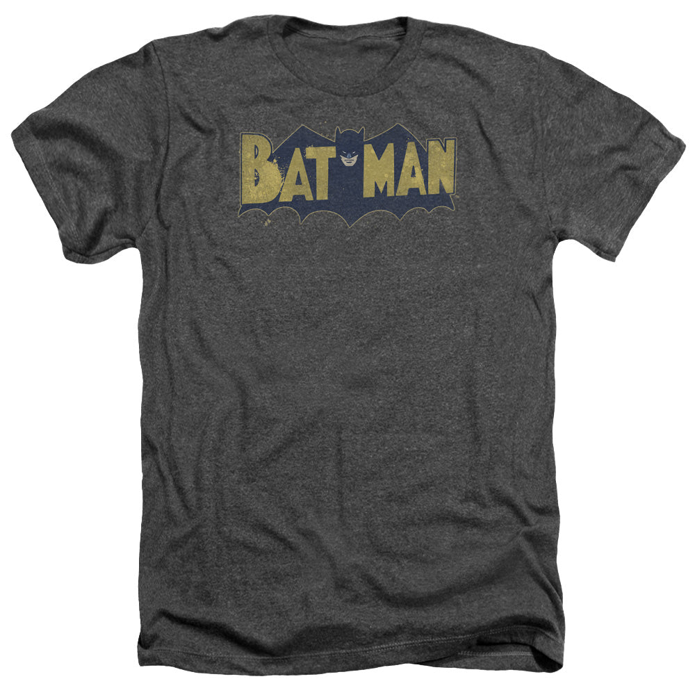 AN OFFCIALLY LICENSED BATMAN VINTAGE LOGO SPLATTER MEN'S HEATHER T-SHIRT CHARCOAL