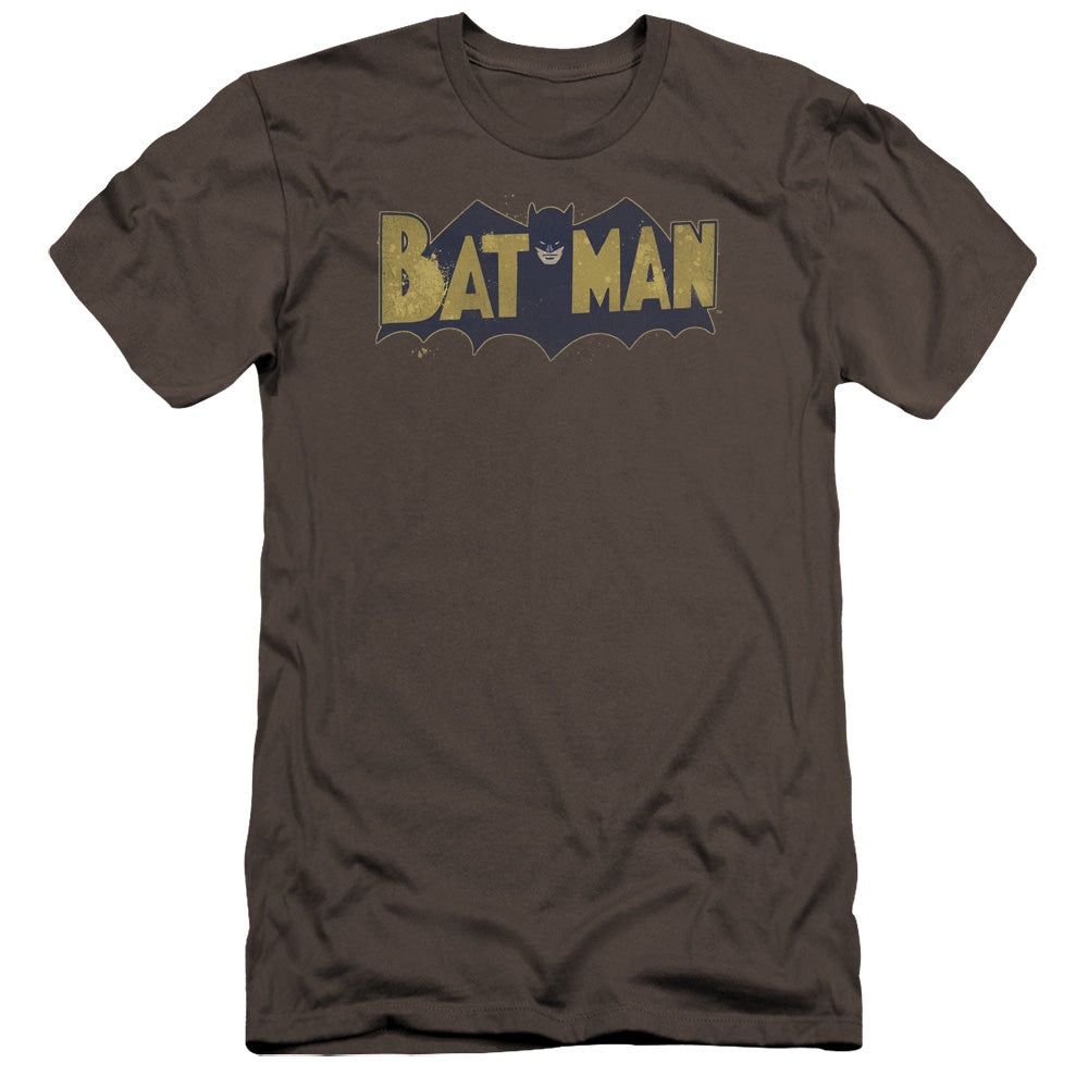 AN OFFCIALLY LICENSED BATMAN VINTAGE LOGO SPLATTER MEN'S PREMIUM SLIM FIT T-SHIRT CHARCOAL