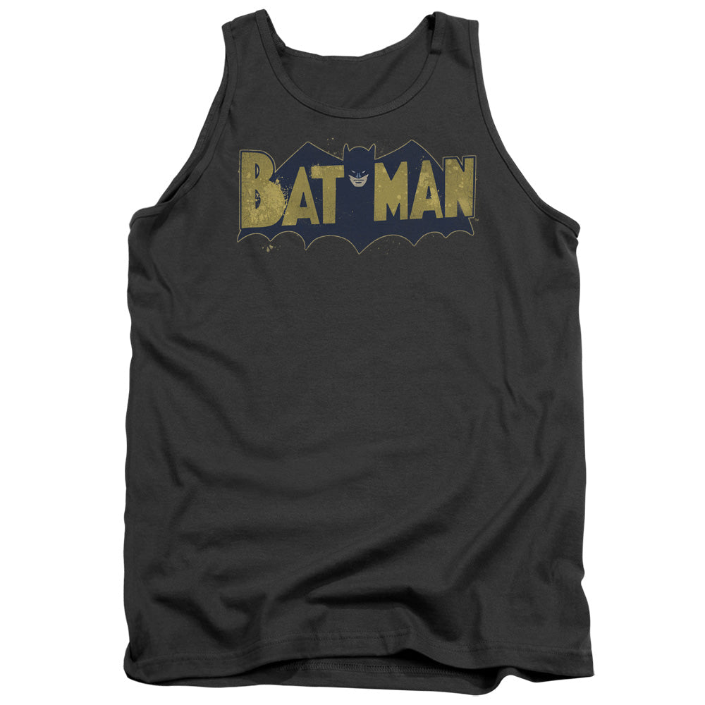 AN OFFCIALLY LICENSED BATMAN VINTAGE LOGO SPLATTER ADULT UNISEX TANK TOP CHARCOAL
