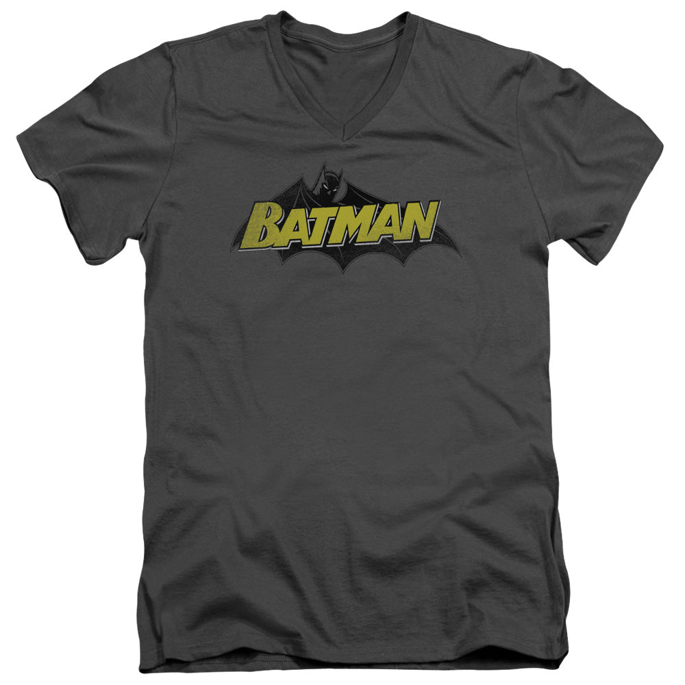 AN OFFCIALLY LICENSED BATMAN CLASSIC COMIC LOGO MEN'S V-NECK T-SHIRT CHARCOAL