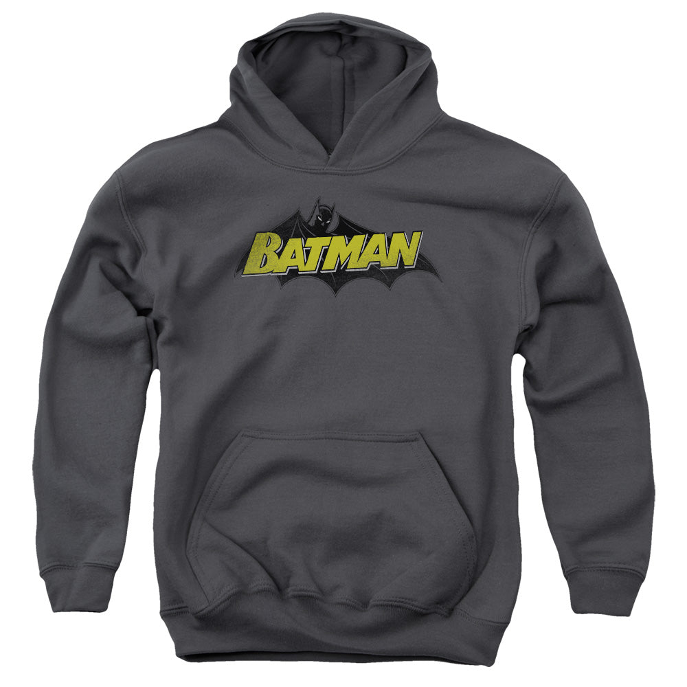 AN OFFCIALLY LICENSED BATMAN CLASSIC COMIC LOGO YOUTH HOODIE CHARCOAL