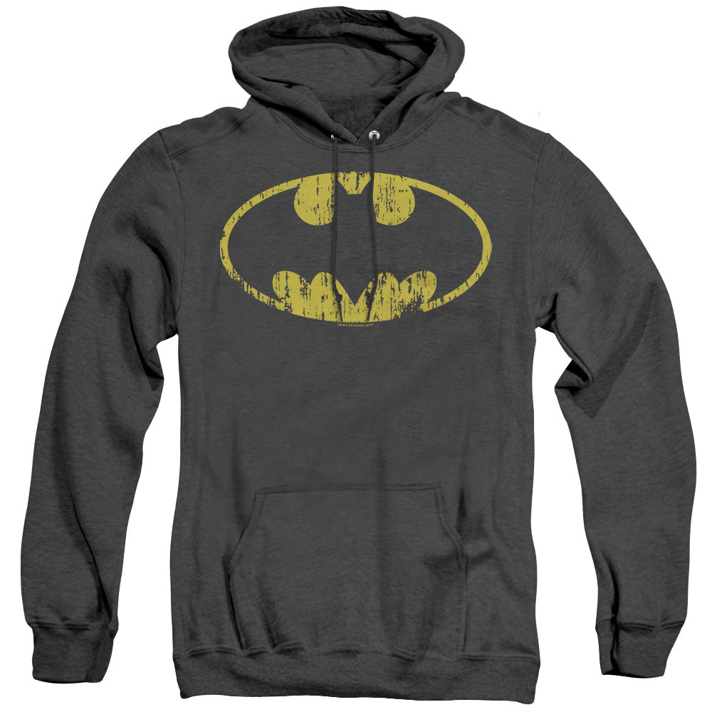 AN OFFCIALLY LICENSED BATMAN CLASSIC LOGO DISTRESSED ADULT UNISEX HEATHER PULLOVER HOODIE BLACK