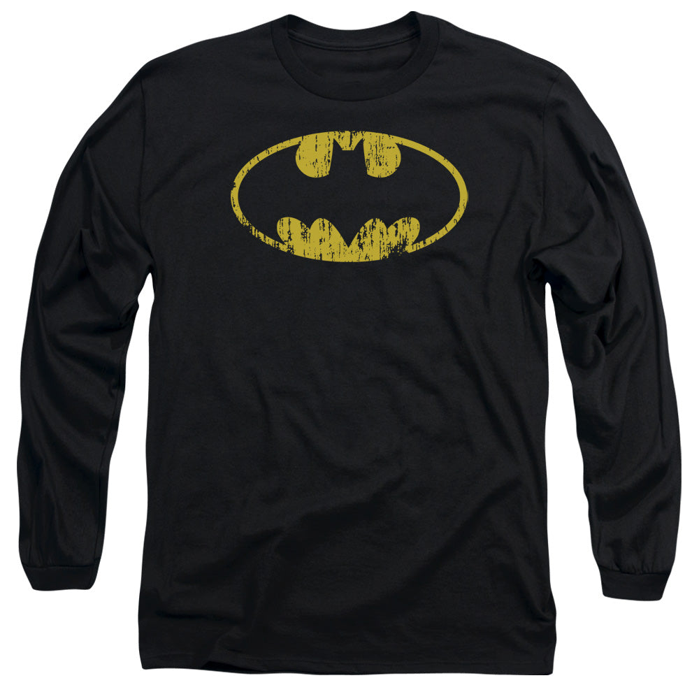 AN OFFCIALLY LICENSED BATMAN CLASSIC LOGO DISTRESSED MEN'S LONG SLEEVE T-SHIRT BLACK
